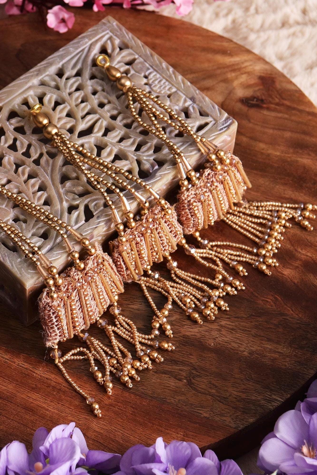 Gold Beaded Tassel Crochet Pearl Multi String Tassel Indian Dress Bridal Wear Waist Belt