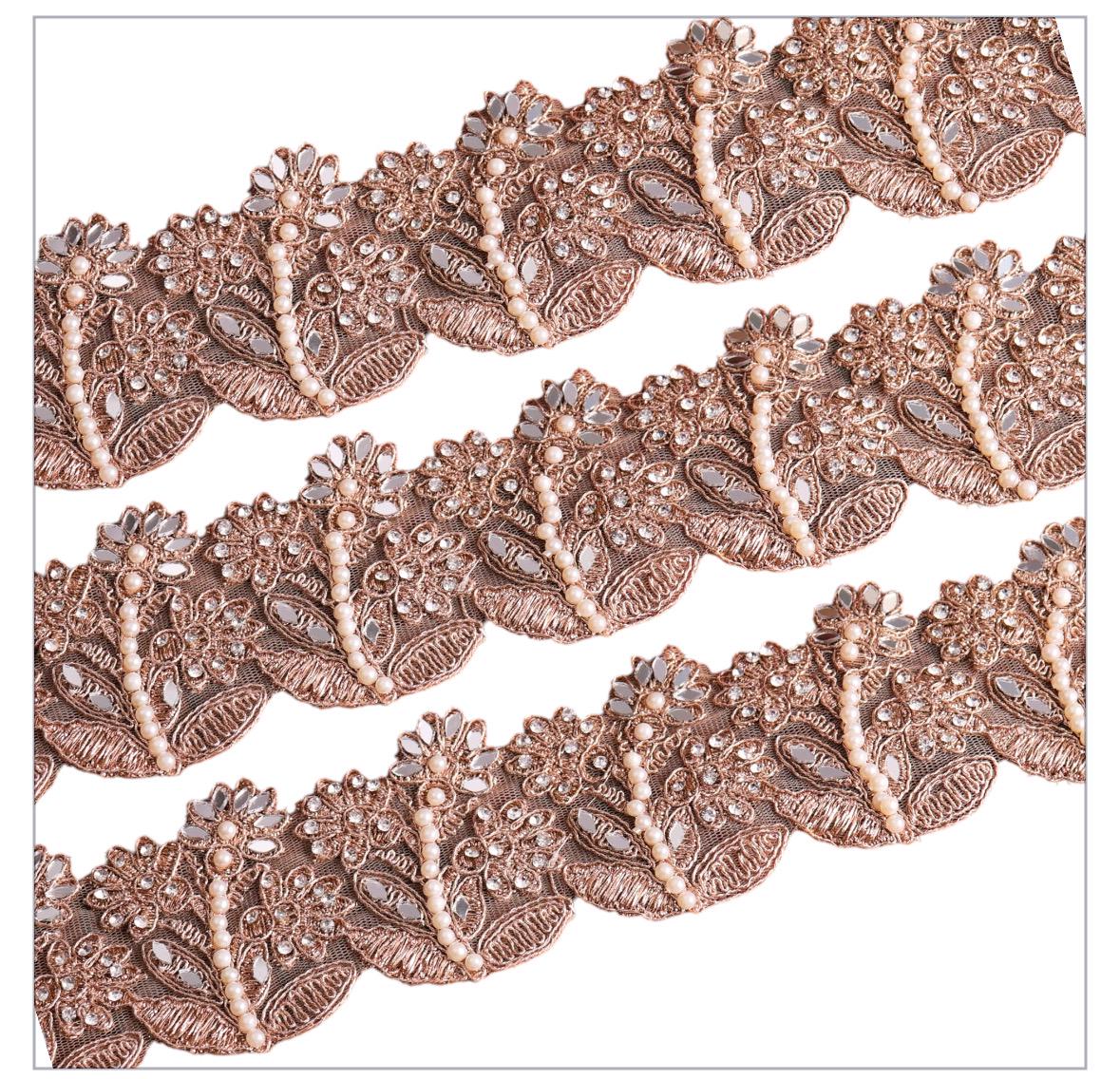 Rose Gold Pearl Embroidered Lace Trim Floral Zircon Embellished Indian Bridal Trim