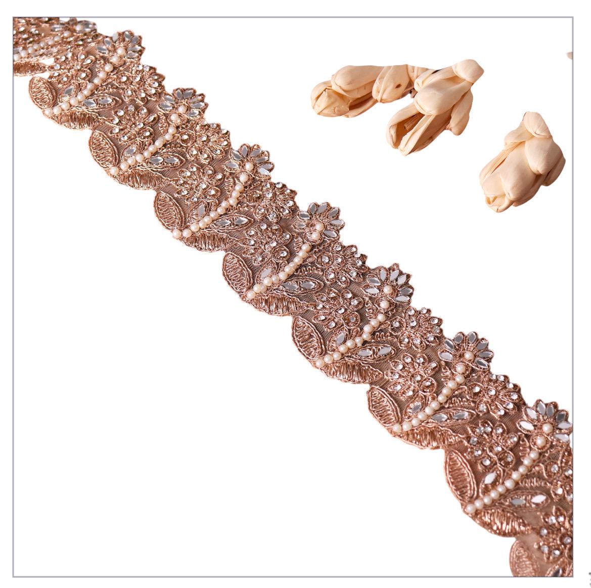 Rose Gold Pearl Embroidered Lace Trim Floral Zircon Embellished Indian Bridal Trim