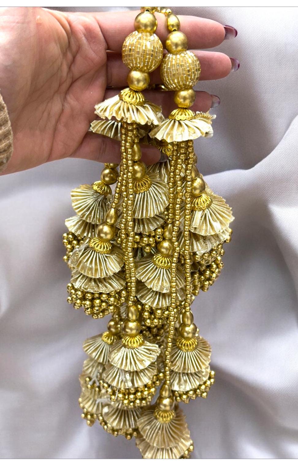 Metallic Gold Pearl Bead Long Hanging Tassel Indian Bridal Gown Lehanga Accessory