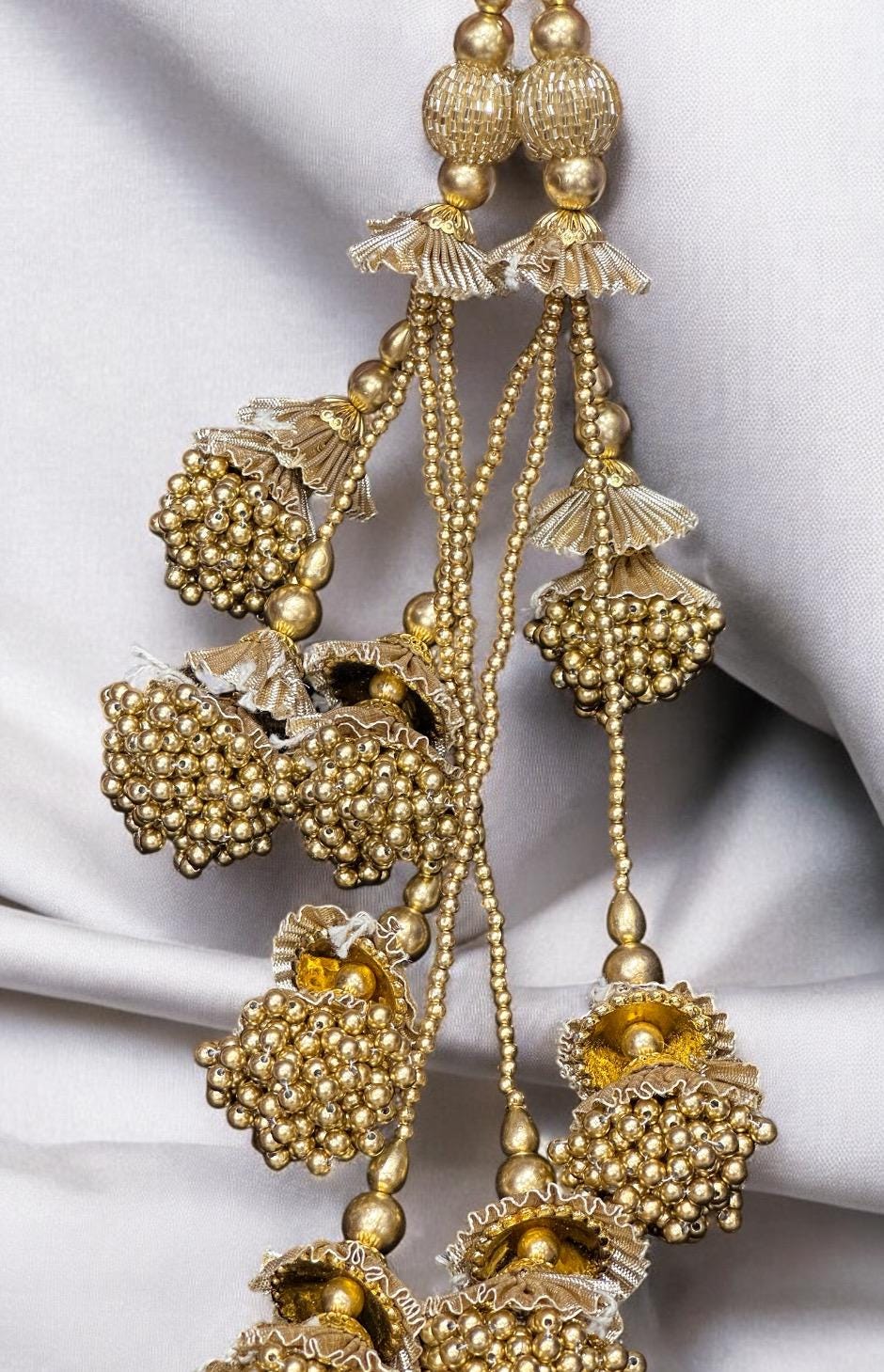 Metallic Gold Pearl Bead Long Hanging Tassel Indian Bridal Gown Lehanga Accessory