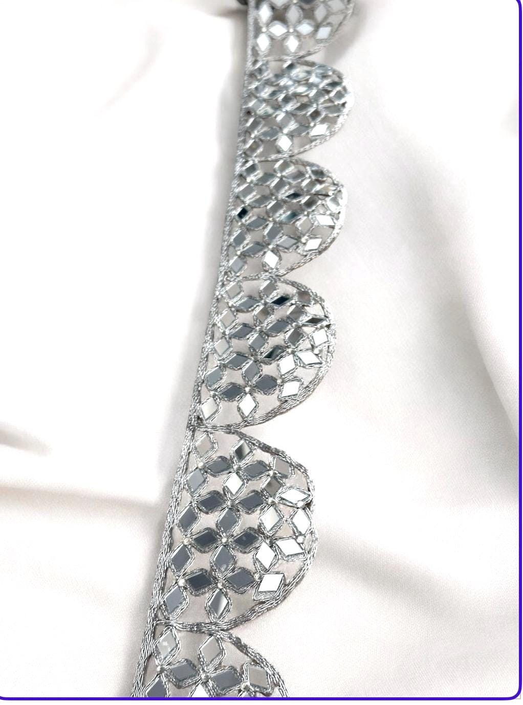 Mirror Work Border 7cm Silver Scalloped Hand Crafted festive Zari Border