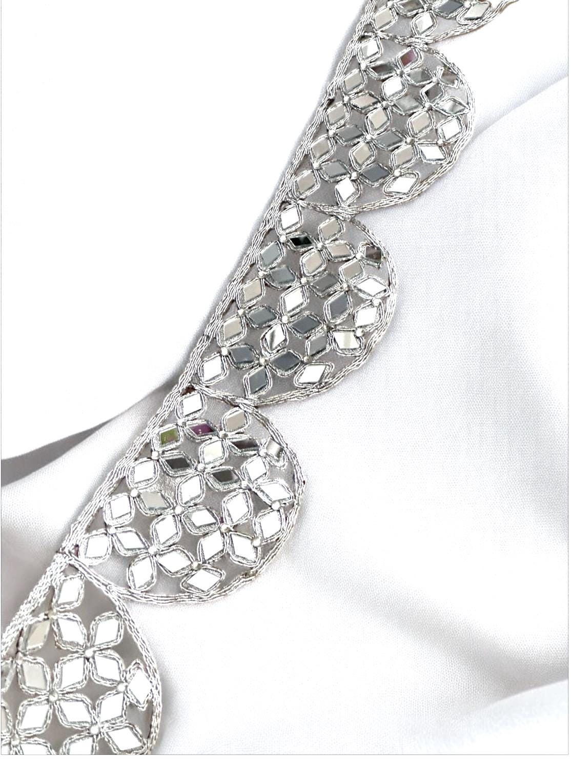 Mirror Work Border 7cm Silver Scalloped Hand Crafted festive Zari Border