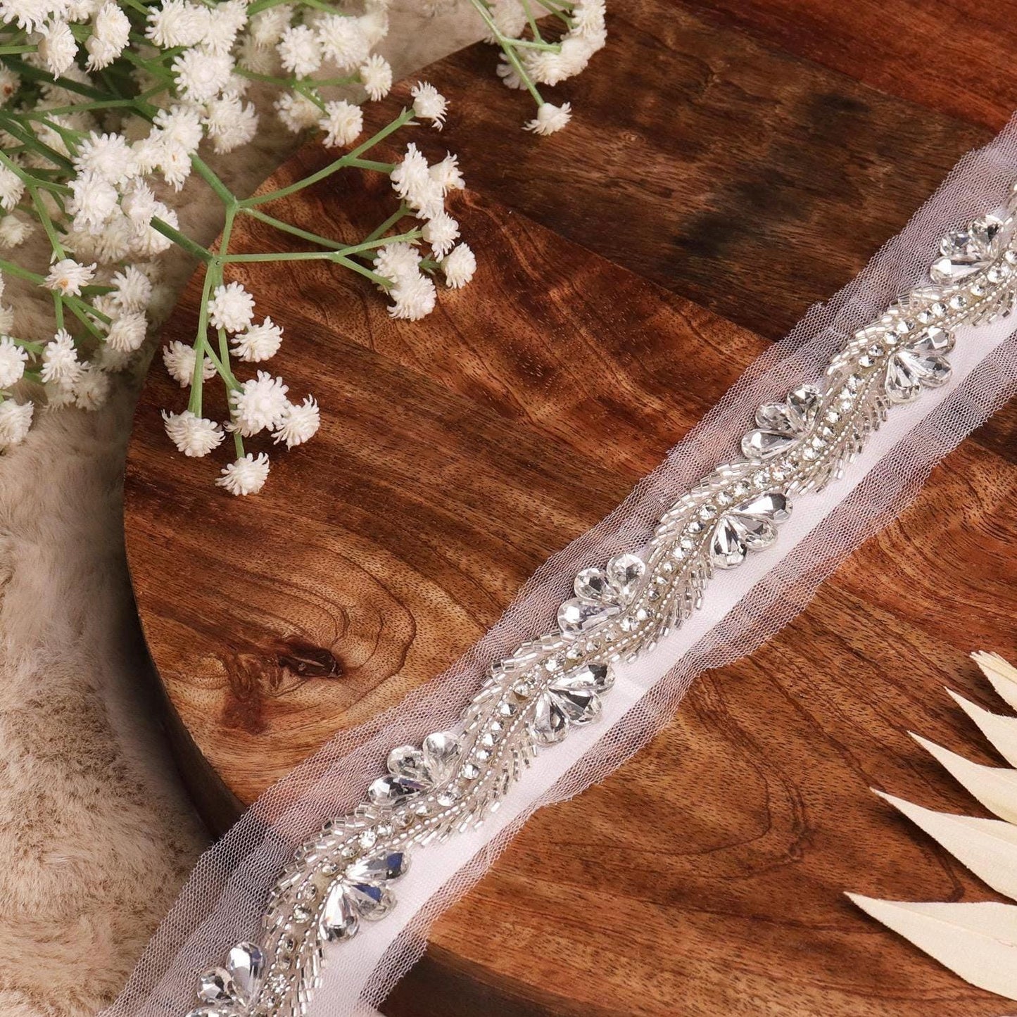 Elegant Silver Rhinestone Crystal Beaded Trim Premium Bridal Decorative applique Lace Fabric Edge