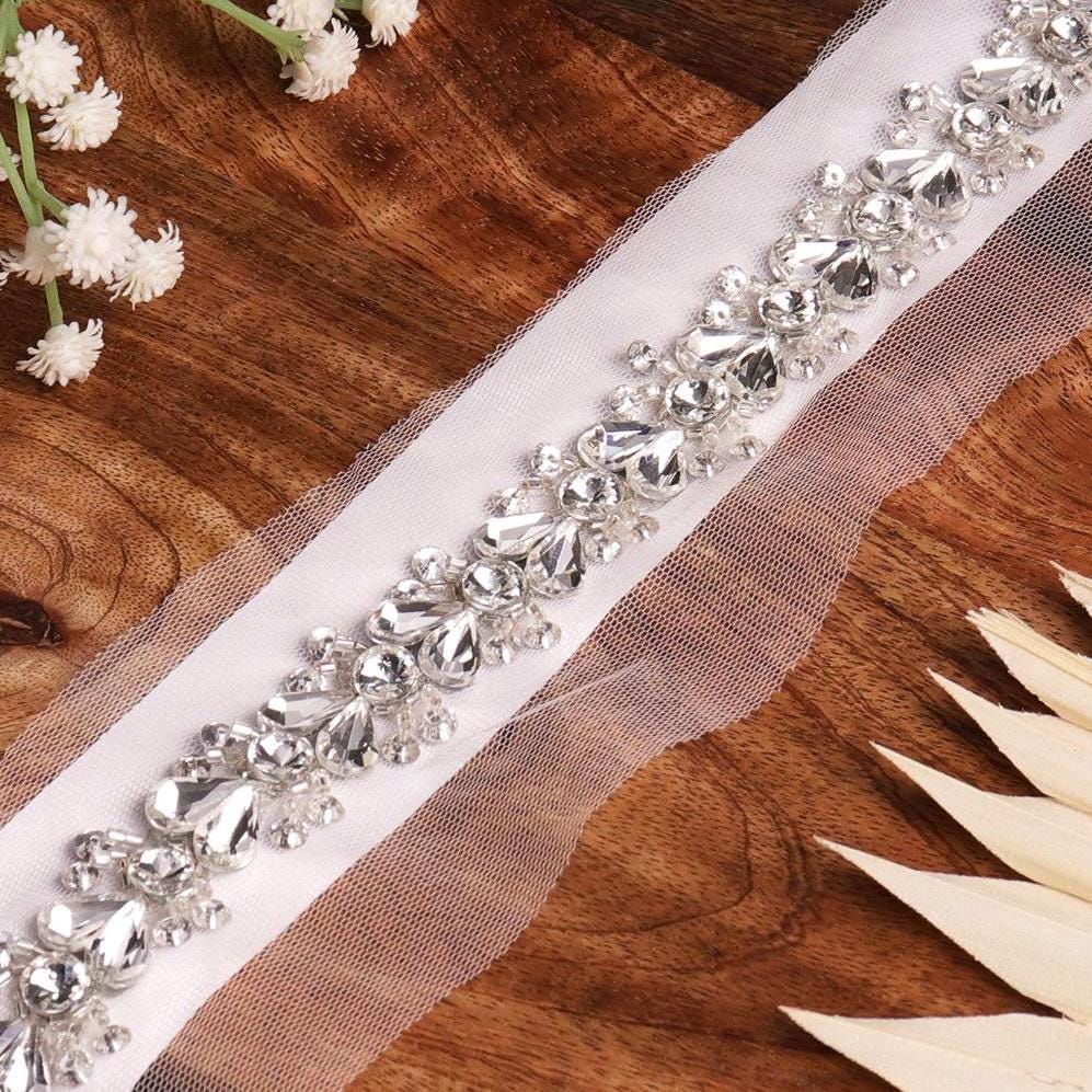 Premium Silver Rhinestone Crystal Trim Handmade Bridal Sewing Dressmaking Lace
