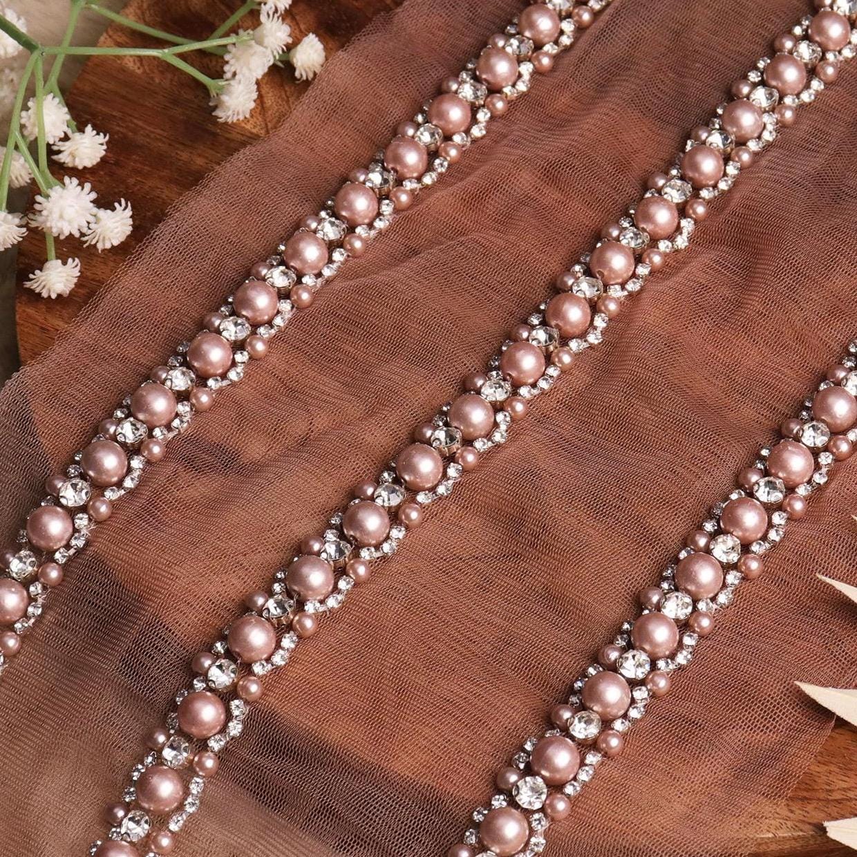 On-Trend Mocha Mouse Pearl and Rhinestone Trim for Fashionable Bridal Designs