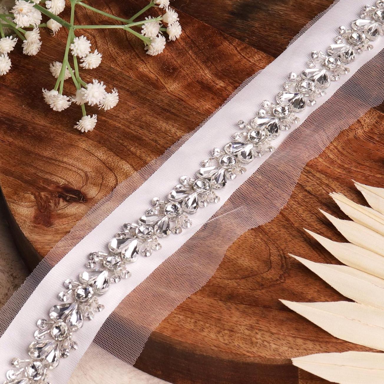 Bridal Veil Trim Handmade Luxury Rhinestone Crystal lace For Wedding Dress Bridesmaid