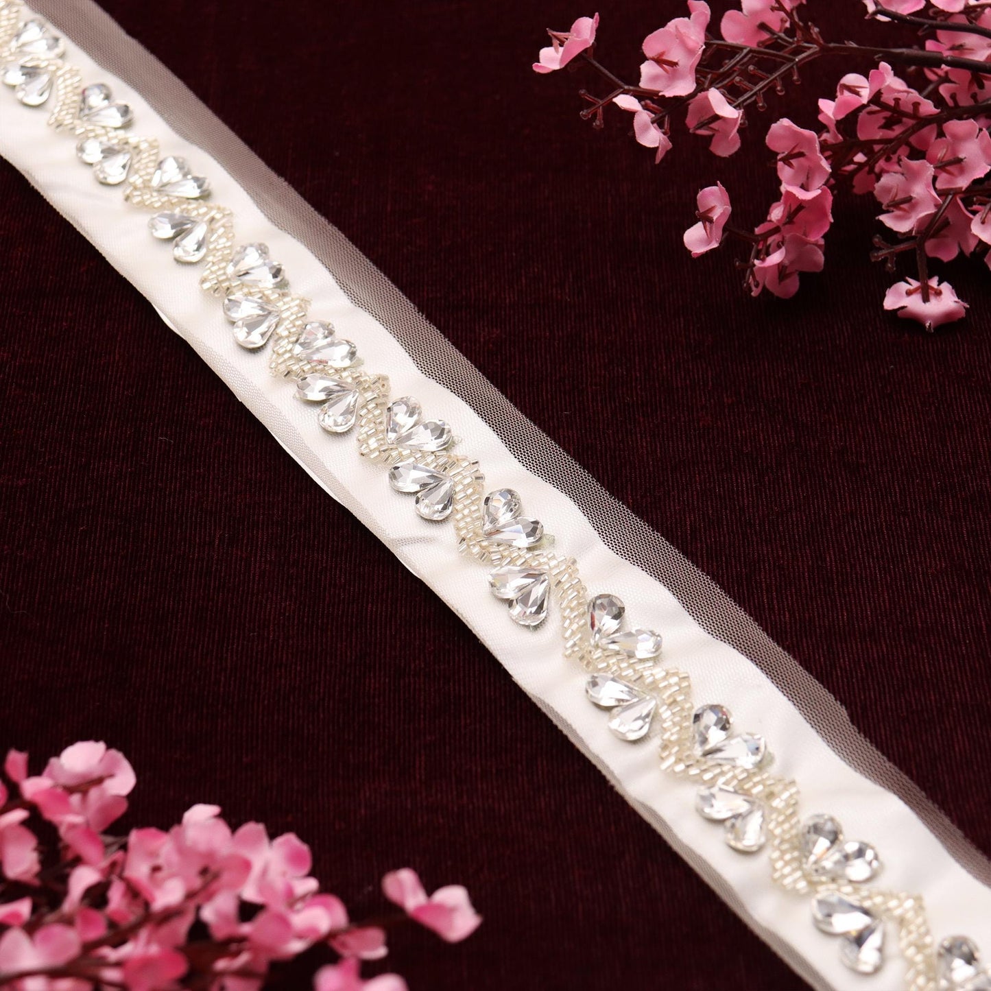 Rhinestone Diamanta Chain Trim Heart Glass Bead Embroidery Lace Wedding Gown