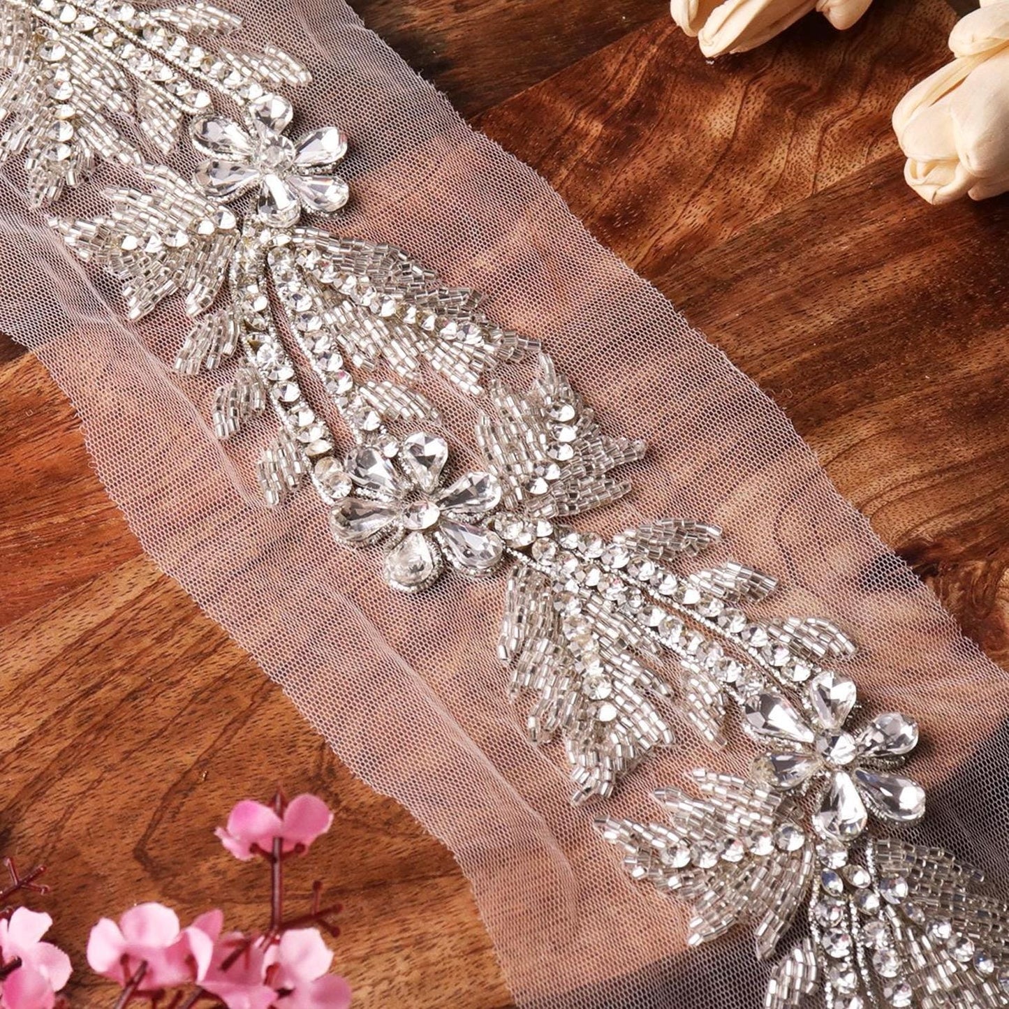 Hand Embroidered Trim Big Crystal Lace Bridal Couture For Wedding Veil Bridesmaid Dress