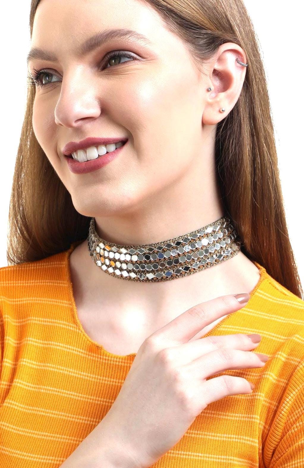 Broad Celestial Jewelry Choker Mirror Fabric HandCrafted Necklace Shiny Jewel Necklace