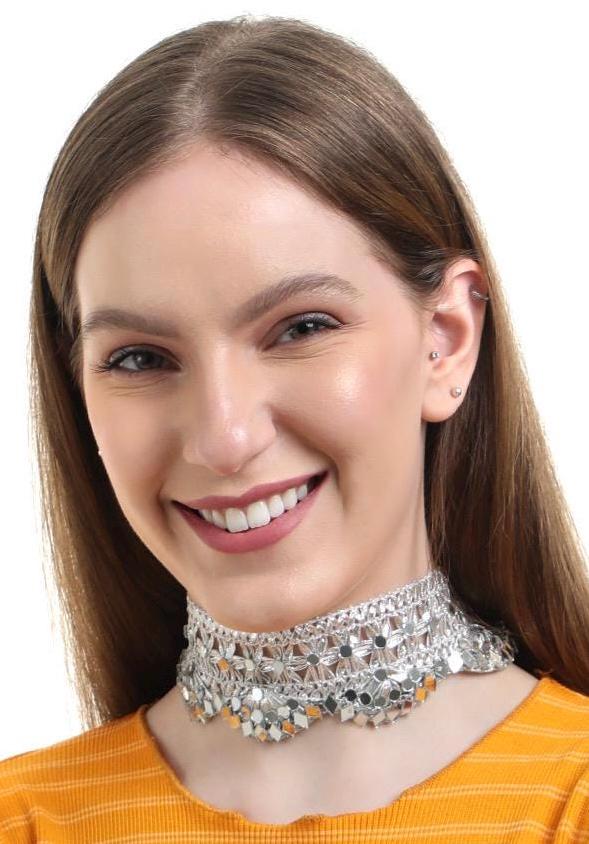 Silver Mirror Lace Belt And Choker Jewelry Gift Set Indian Enbroidery Decorative Accessory