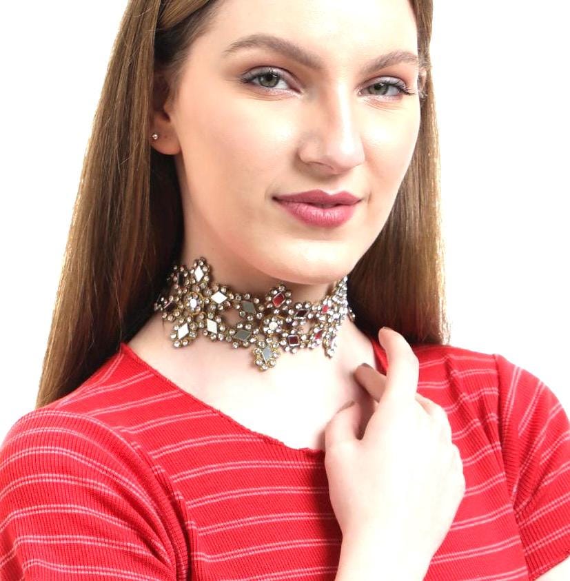 Glamorous Necklace Lace Choker Rhinestone Unique Handcrafted Party Necklace