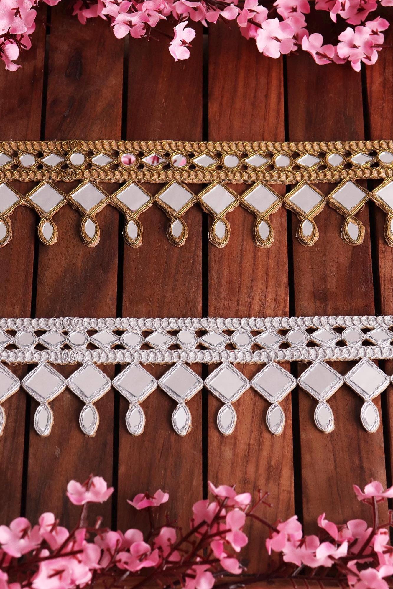 Gold Mirror Fabric Lace Embellished Indian Trim DIY Jewelry Lace Costume Trim