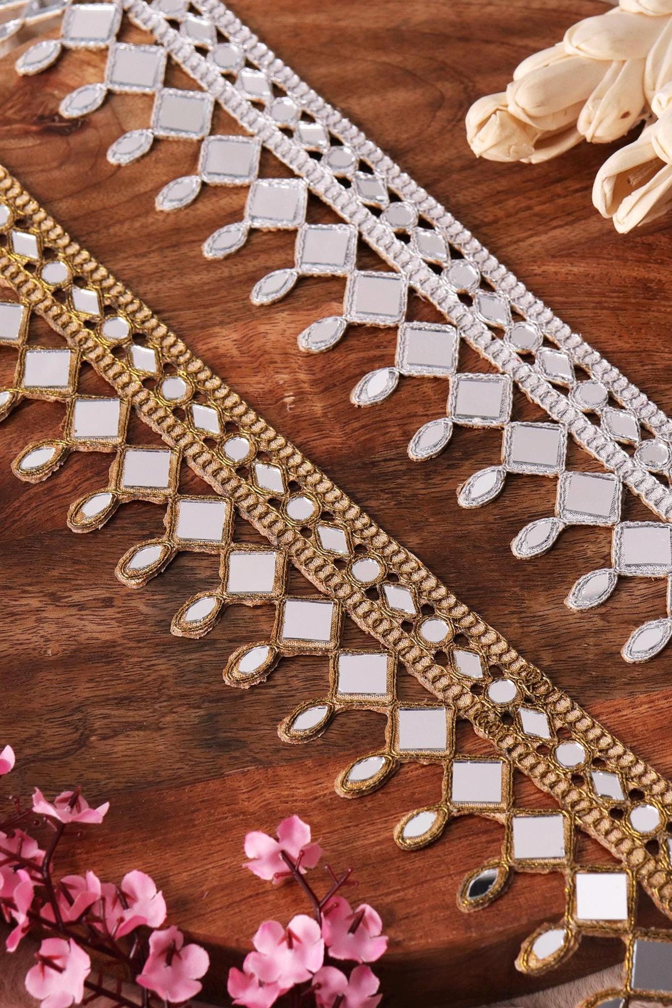 Gold Mirror Fabric Lace Embellished Indian Trim DIY Jewelry Lace Costume Trim