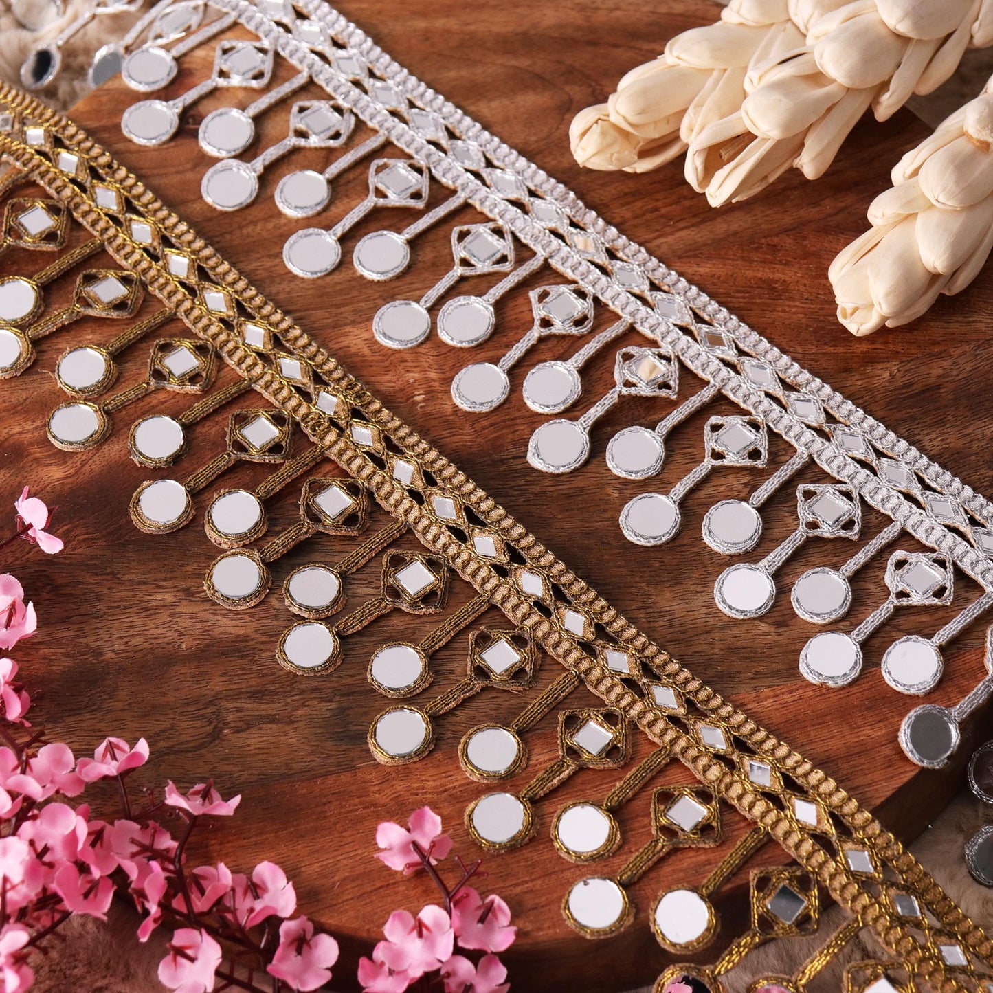 Gold Mirror Trim Embellished Geometric Fabric Lace Jewelry Making Crafting Trim DIY