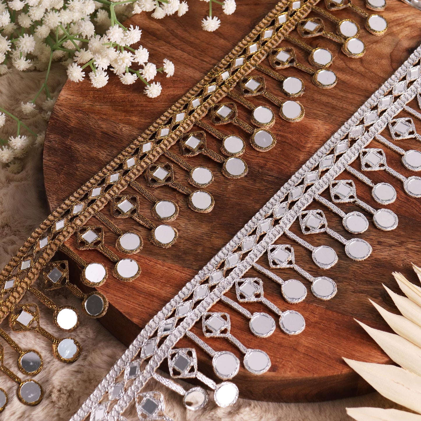 Gold Mirror Trim Embellished Geometric Fabric Lace Jewelry Making Crafting Trim DIY