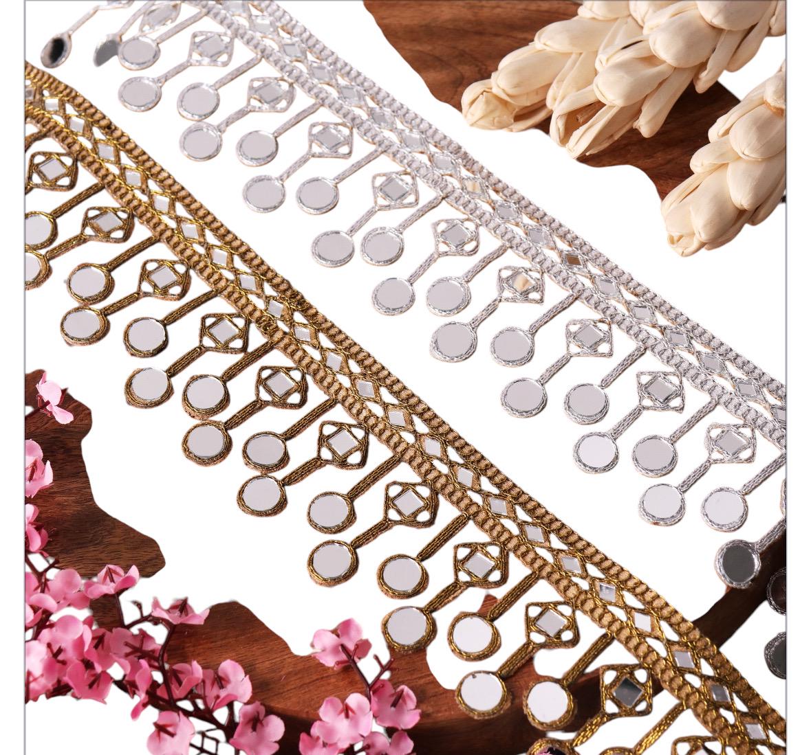 Gold Mirror Trim Embellished Geometric Fabric Lace Jewelry Making Crafting Trim DIY