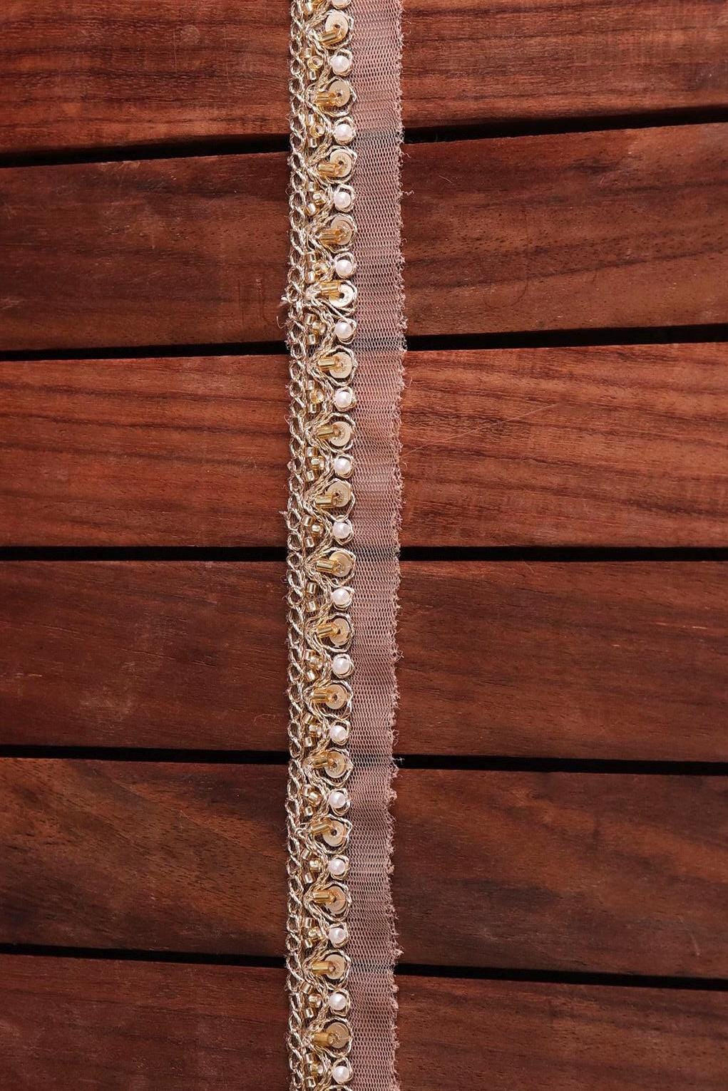 Light Gold Metallic Lace Sequin Glass Bead Pearl Work Handmade