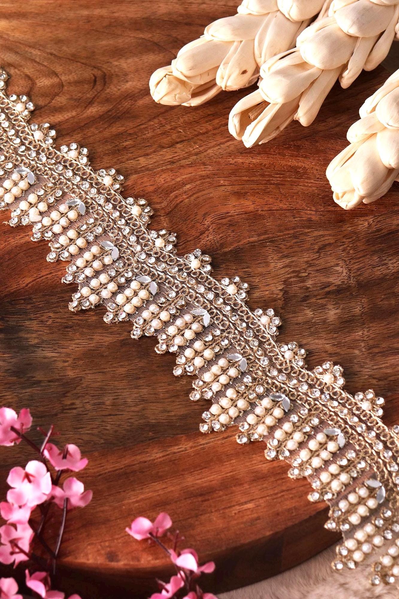 Exquisite Beaded Lace Pearl Zircon Scalloped Embroidery Lace For Bridal Veil Sash