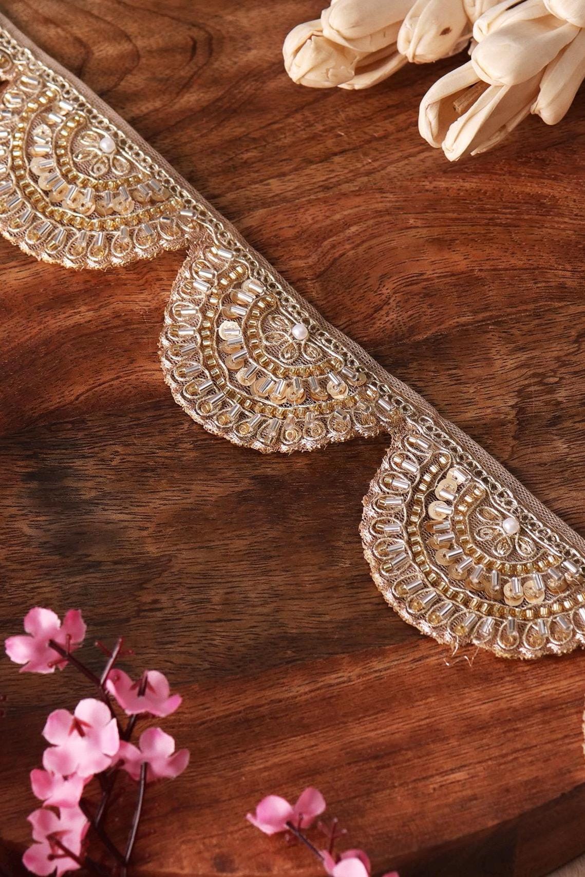 Light Gold Scalloped Zari Lace Glass Bead Indian Lace Trim Embroidered