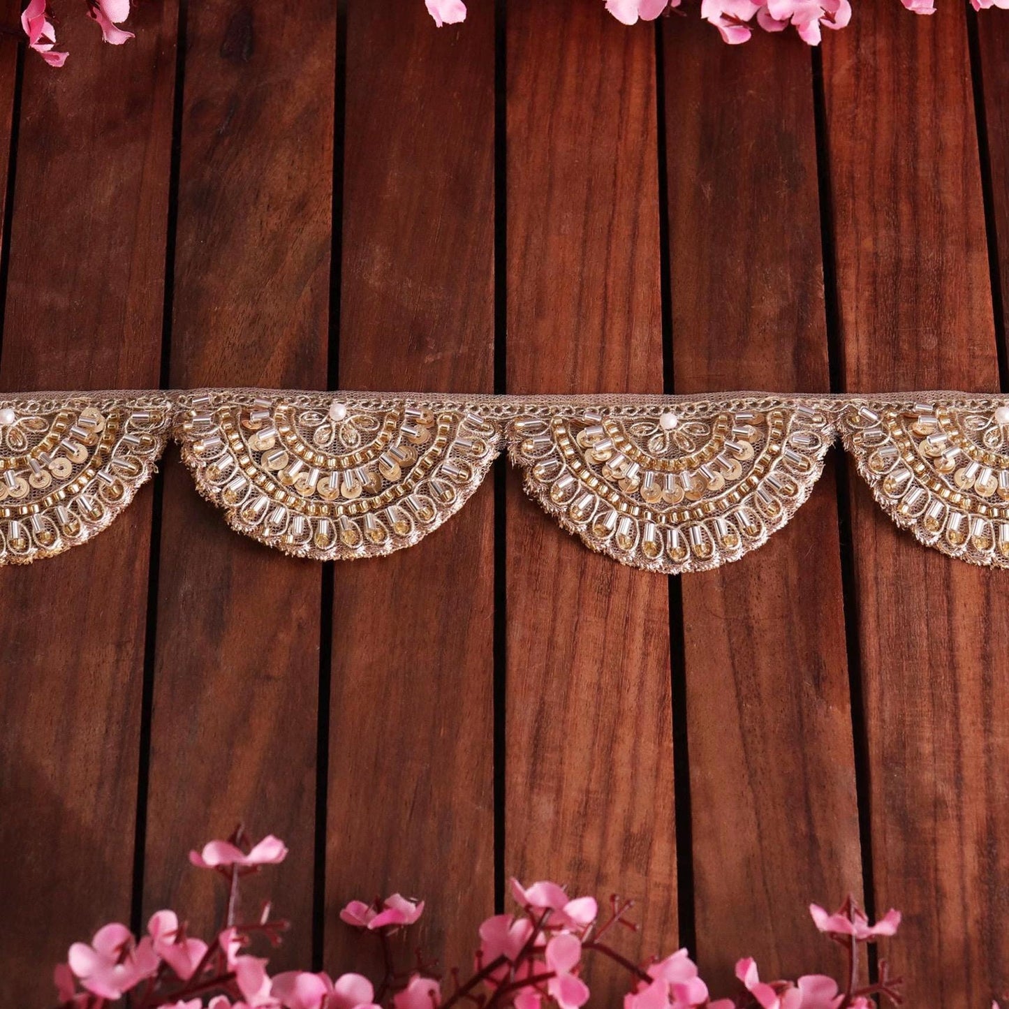Light Gold Scalloped Zari Lace Glass Bead Indian Lace Trim Embroidered