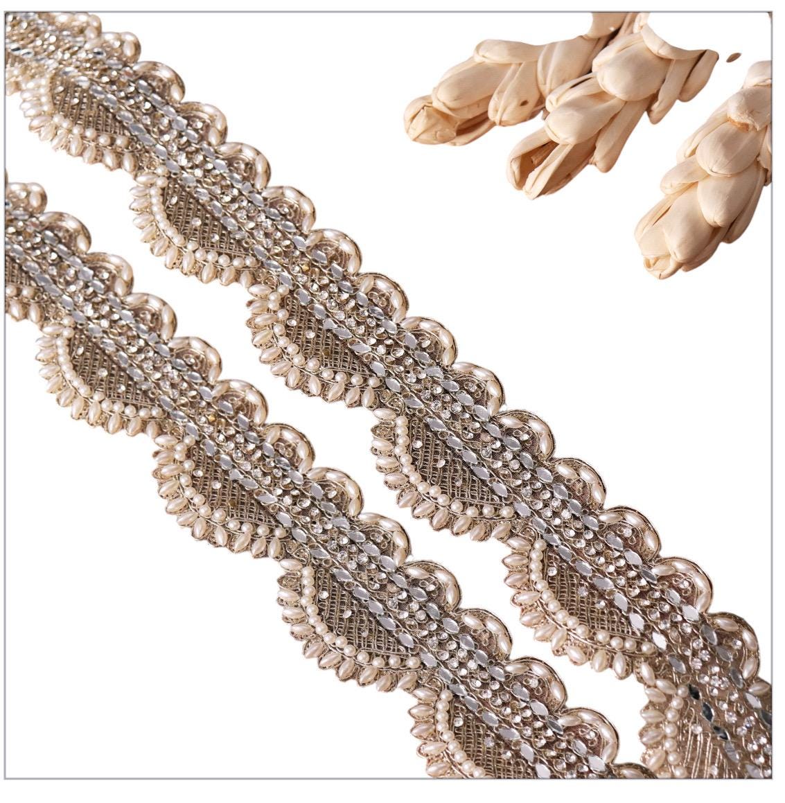 Gold Indian Trim Pearl Work Lace Embellish Handmade Bridal Veil and Dress Trim