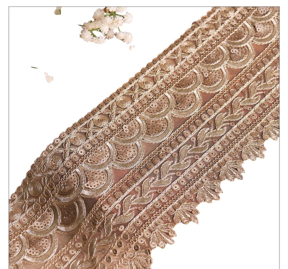 Delicate Gold Hand Embroidery Lace Trim for Wedding Dress Bridal Veil Sequin Lace