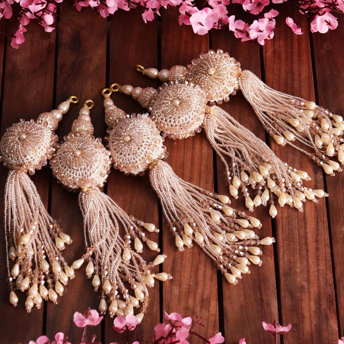 Gold Beaded Decorative Crochet Tassel Pearl Glass Bead Curtain Hanging Indian Tassel