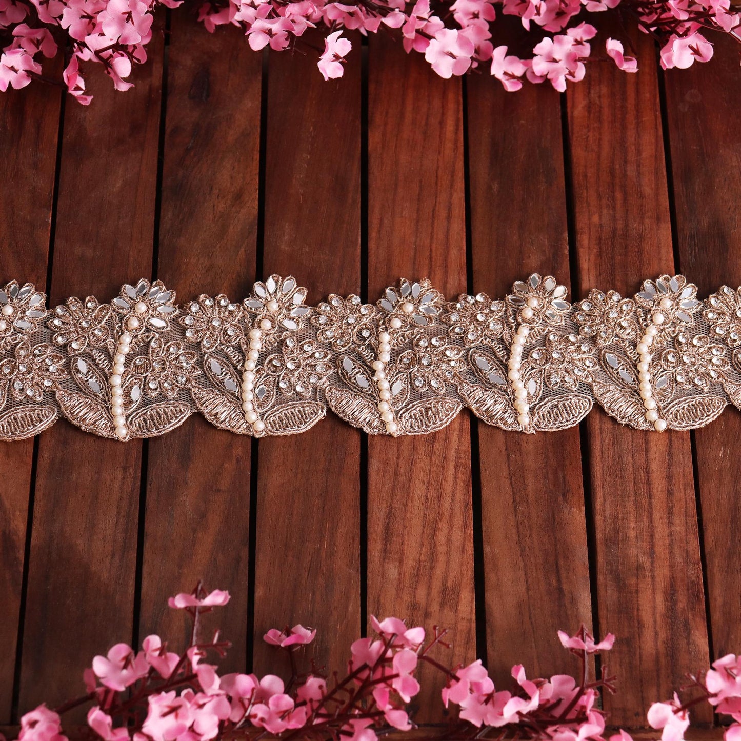 Rose Gold Pearl Embroidered Lace Trim Floral Zircon Embellished Indian Bridal Trim