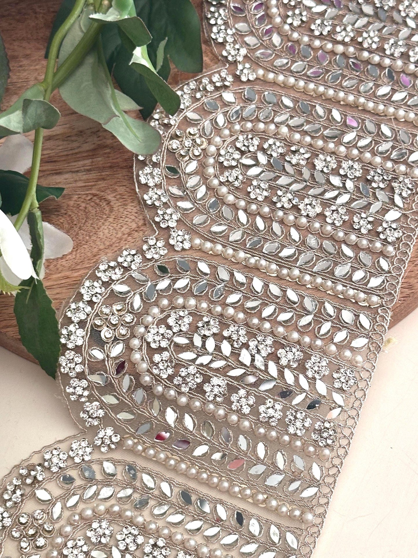 Indian Handmade Wedding Veil Border Lace with Pearl and Zircon Stone