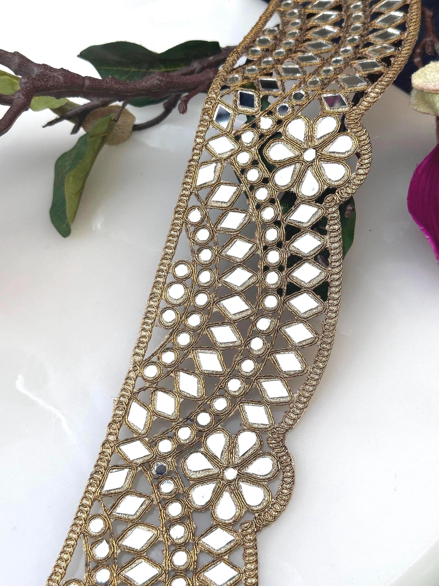 Broad Belt Dull Gold 7cm Scallop Mirror Trim Glamourous Indian Embroidered