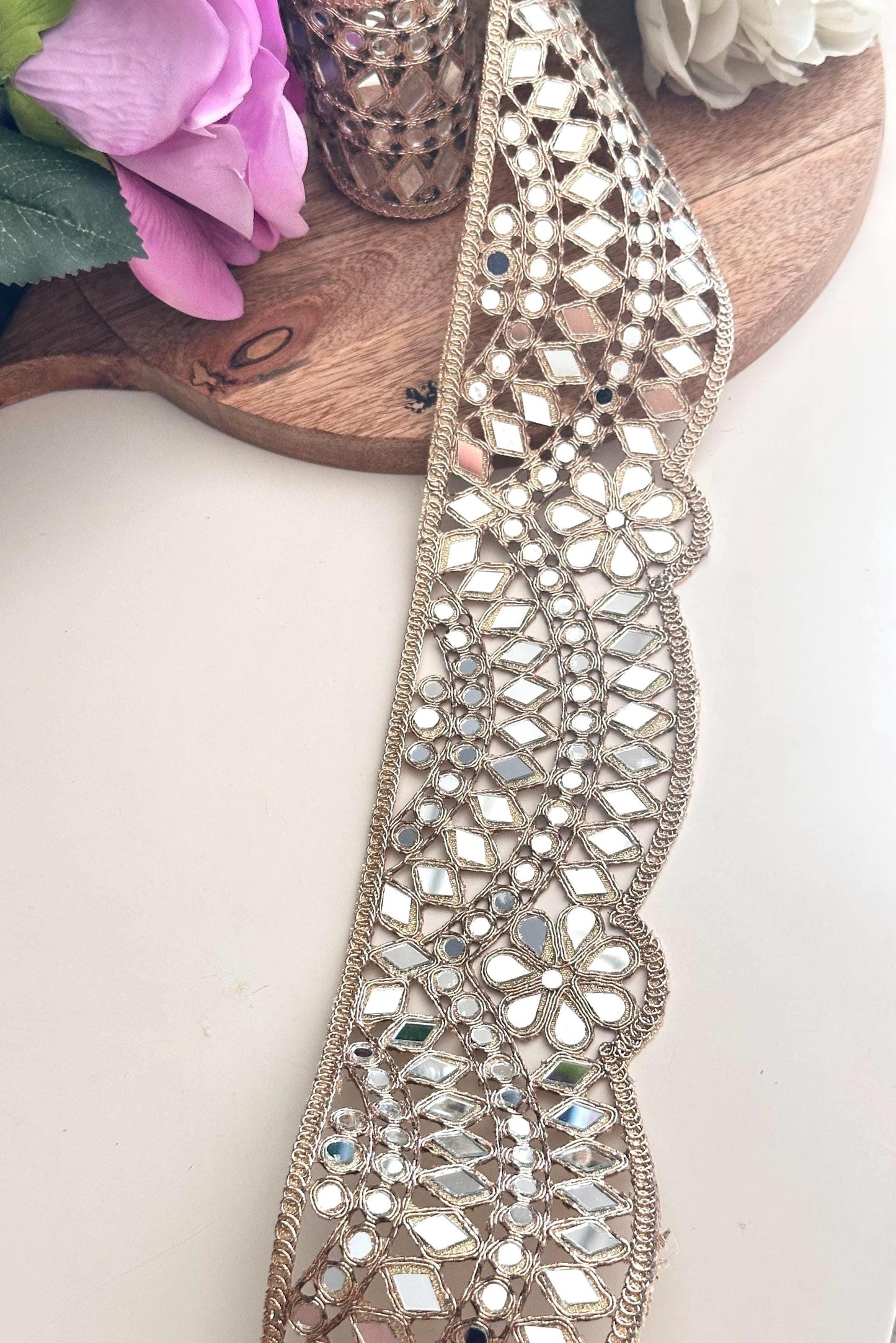 Broad Mirror Trim Rose Gold Scalloped Mirror belt 7cm Glamourous saree Border