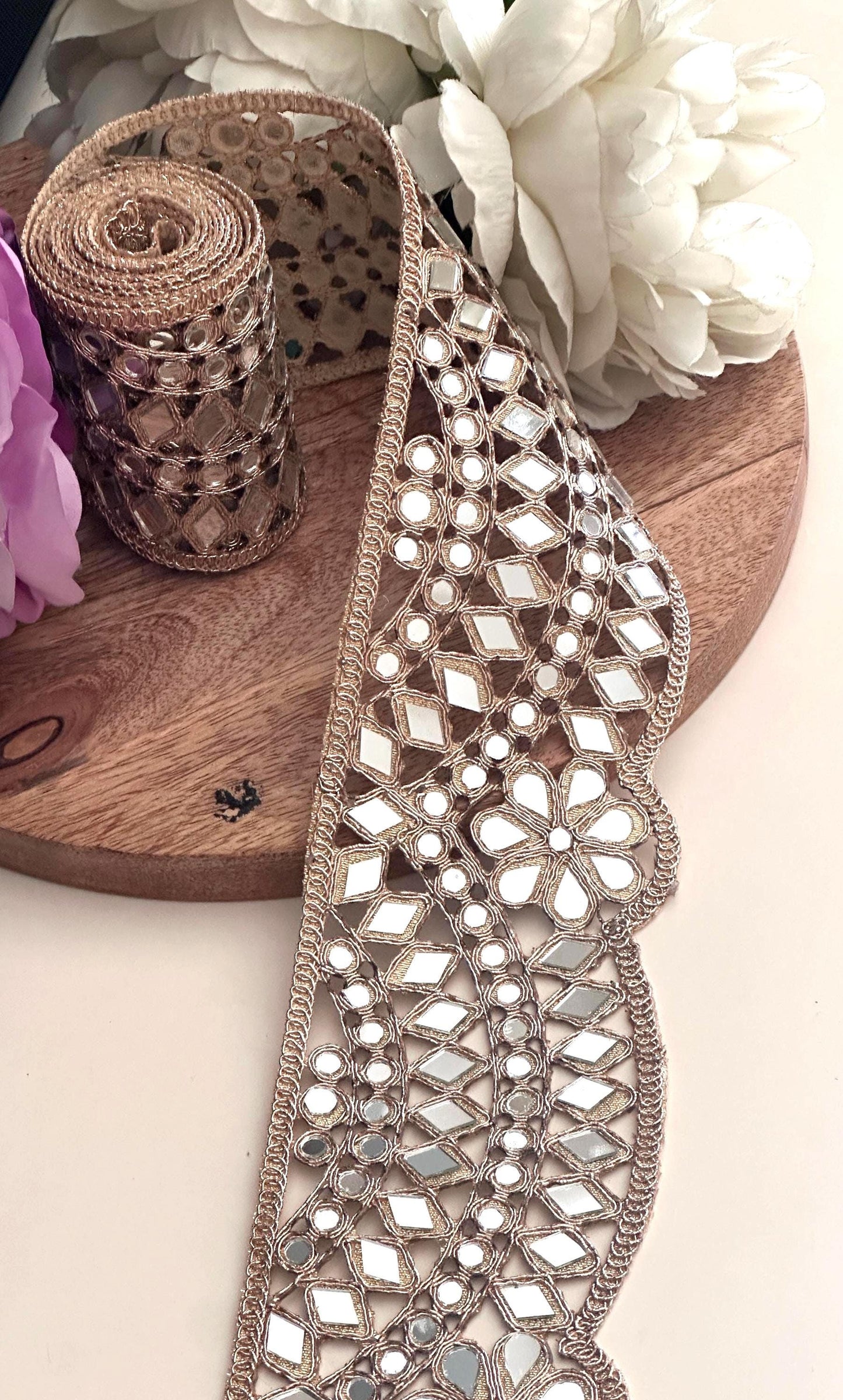 Broad Mirror Trim Rose Gold Scalloped Mirror belt 7cm Glamourous saree Border