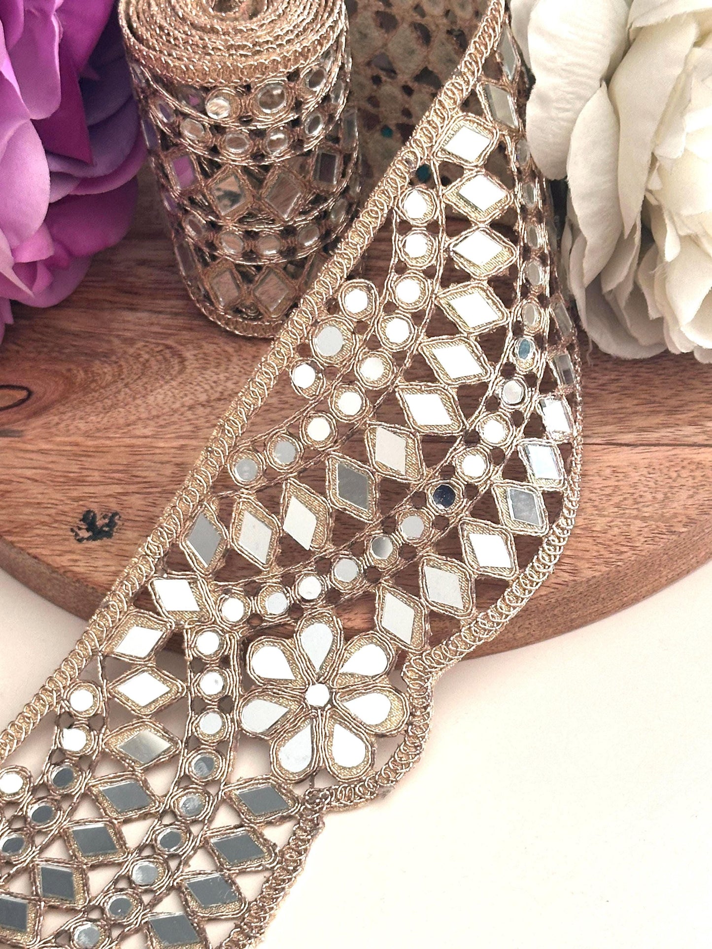 Broad Mirror Trim Rose Gold Scalloped Mirror belt 7cm Glamourous saree Border
