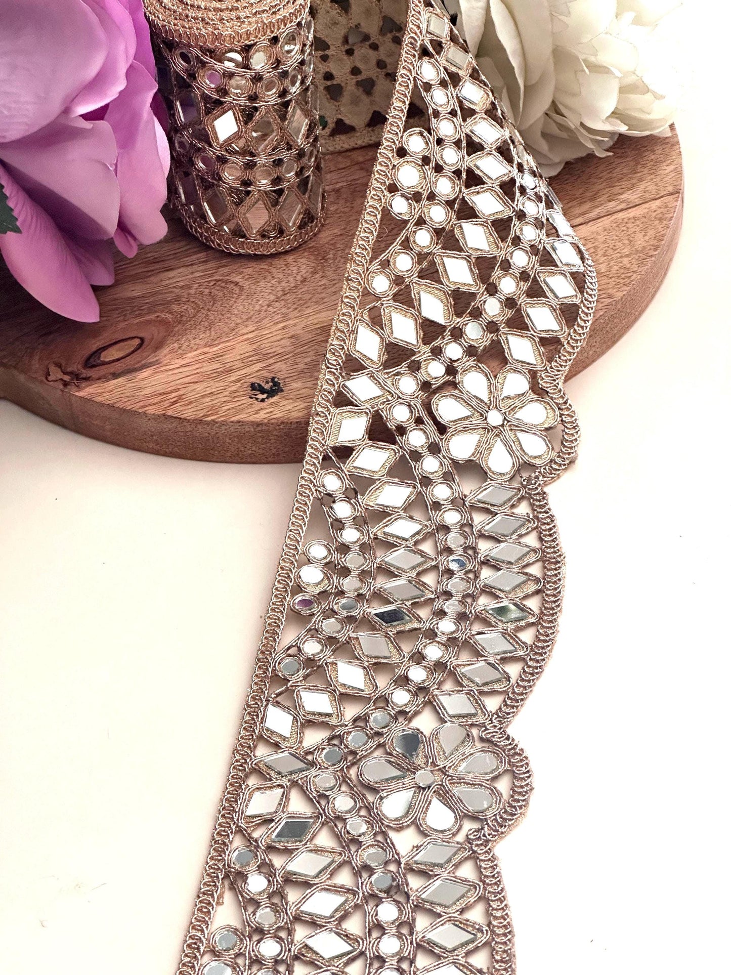 Broad Mirror Trim Rose Gold Scalloped Mirror belt 7cm Glamourous saree Border