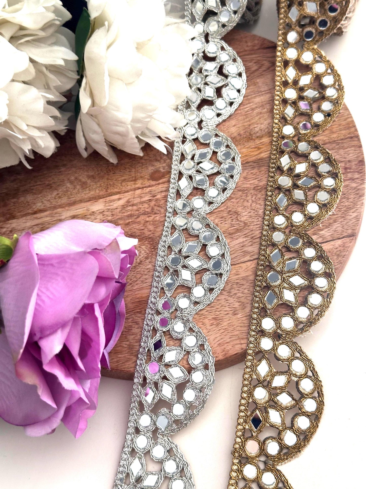 Indian Silver Mirror Work Border Scalloped Zari Mirror Trim Choker Band