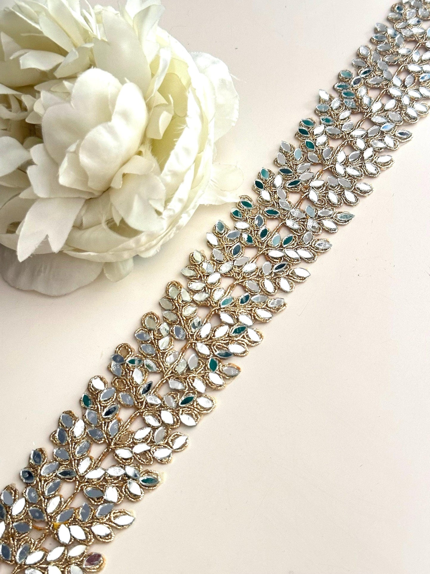 Gold Zari & Mirror Cutwork Vine Border saree trim 4cm Mirror Embroidery Lace Choker Wedding Dress