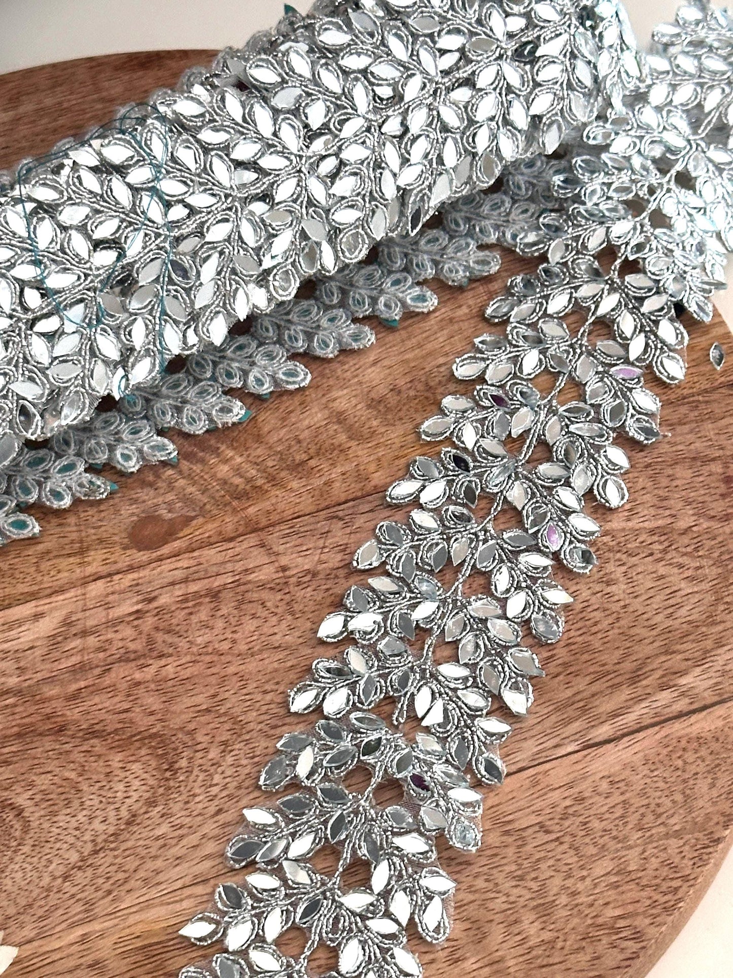 Cutwork Mirror Metallic Vine Border Indian Embroidery Saree Trim Silver Mirror