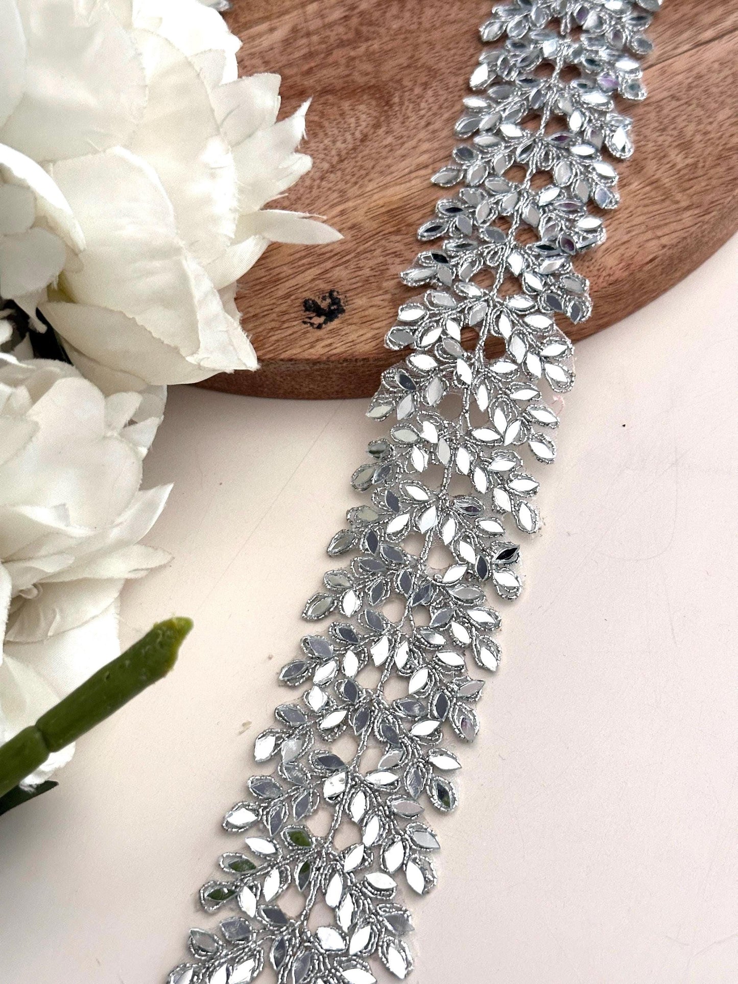 Cutwork Mirror Metallic Vine Border Indian Embroidery Saree Trim Silver Mirror