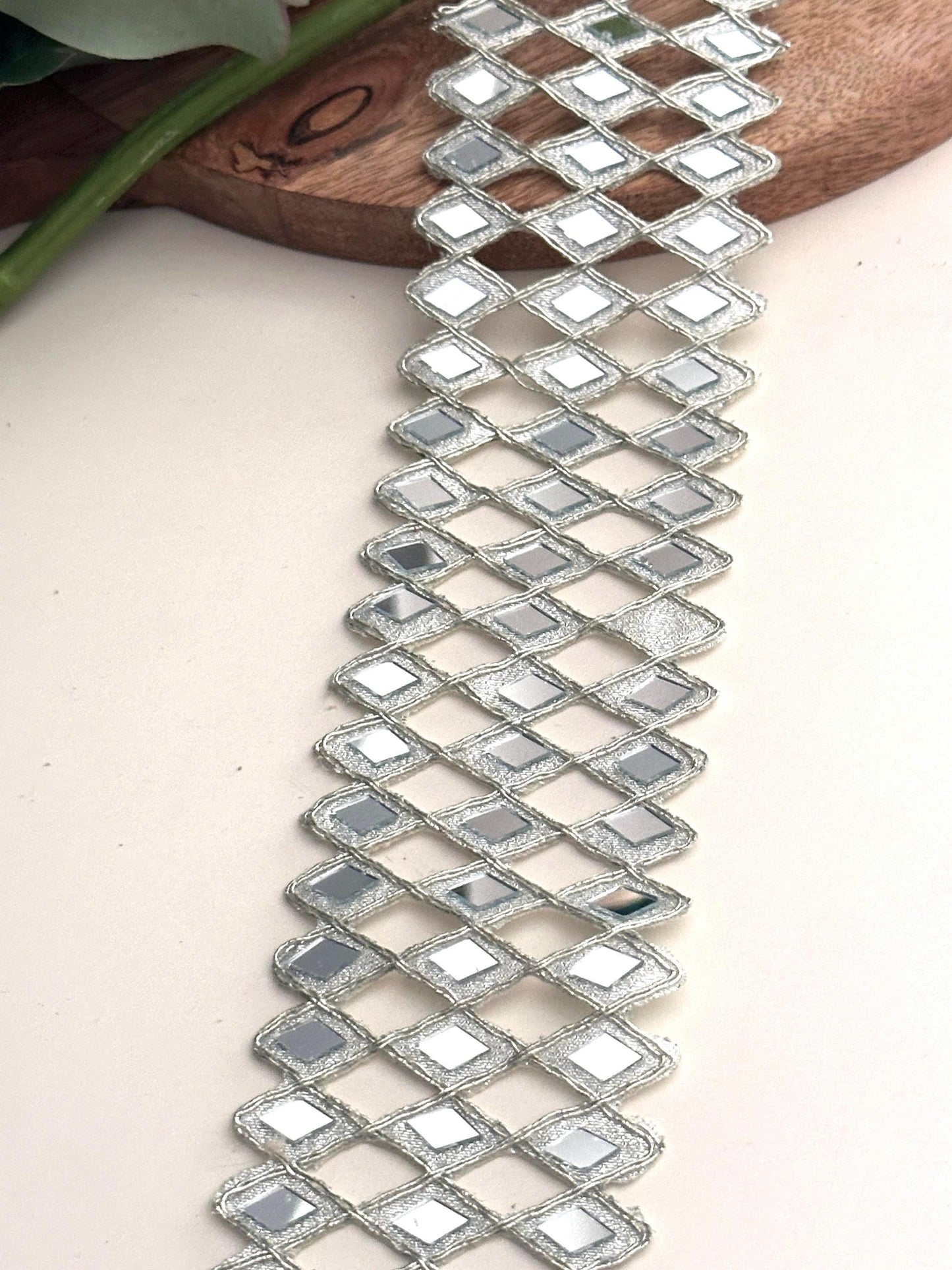 Indian Belt Hand Crafted 3 Line Silver Mirror Border Geometric Pattern Trim