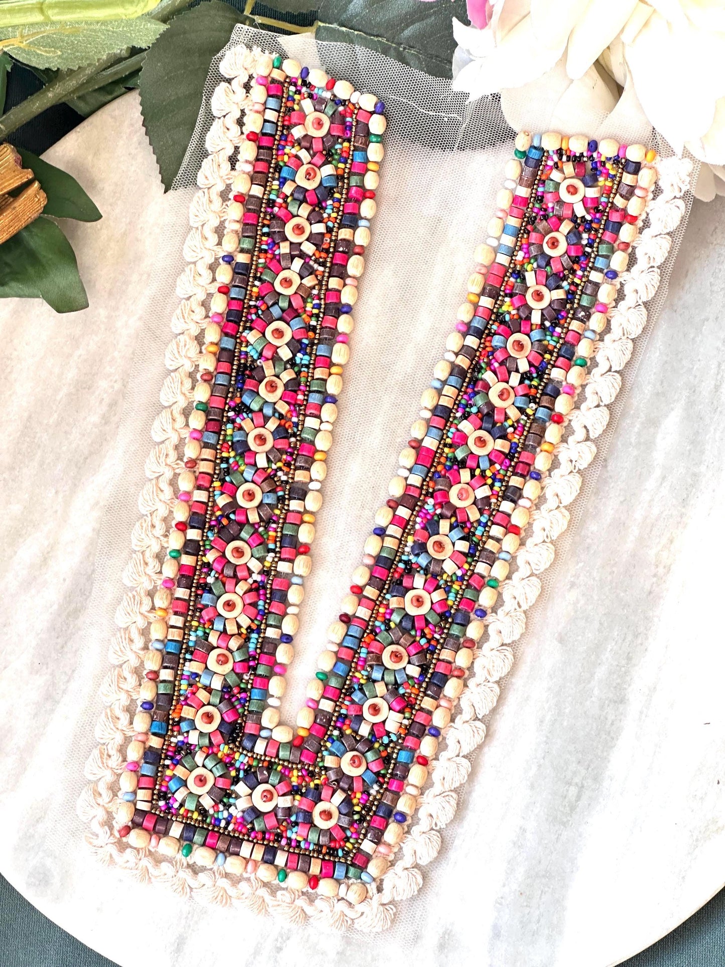 Neckline Patch Applique Colourful Boho Dress Wooden Bead Work Patch