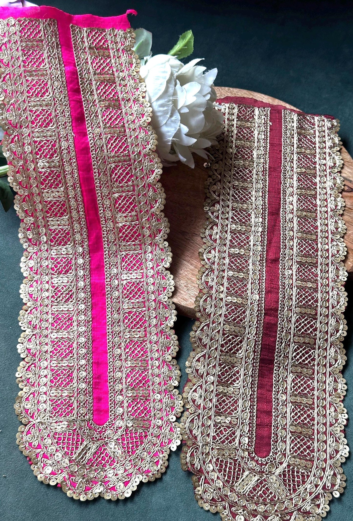 Floral embroidered applique with gold detailing for elegant bridal attire
