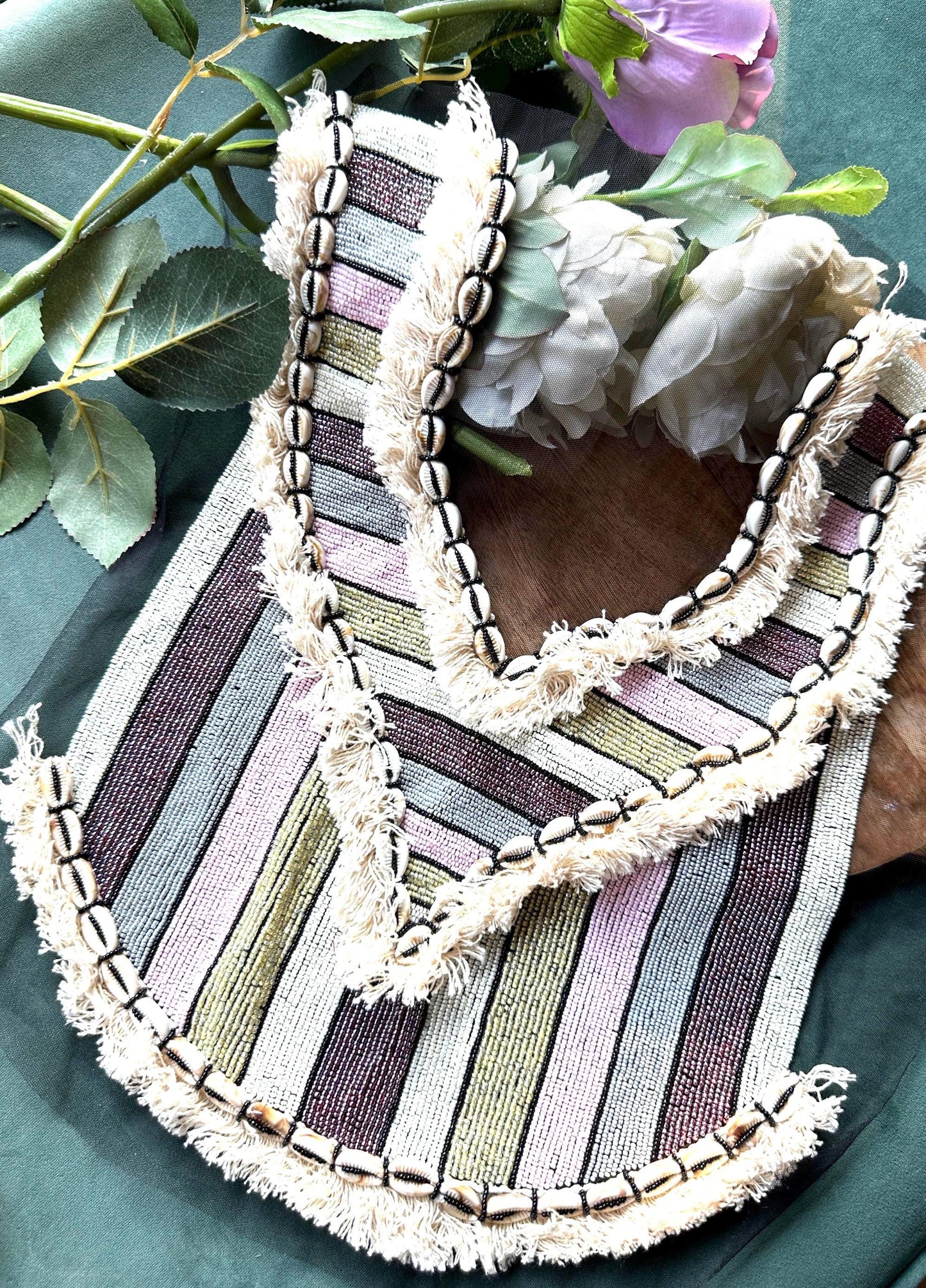 Neckline Patch Sew On Hand Embroidered Beadwork Glass Bead With Shell Lace