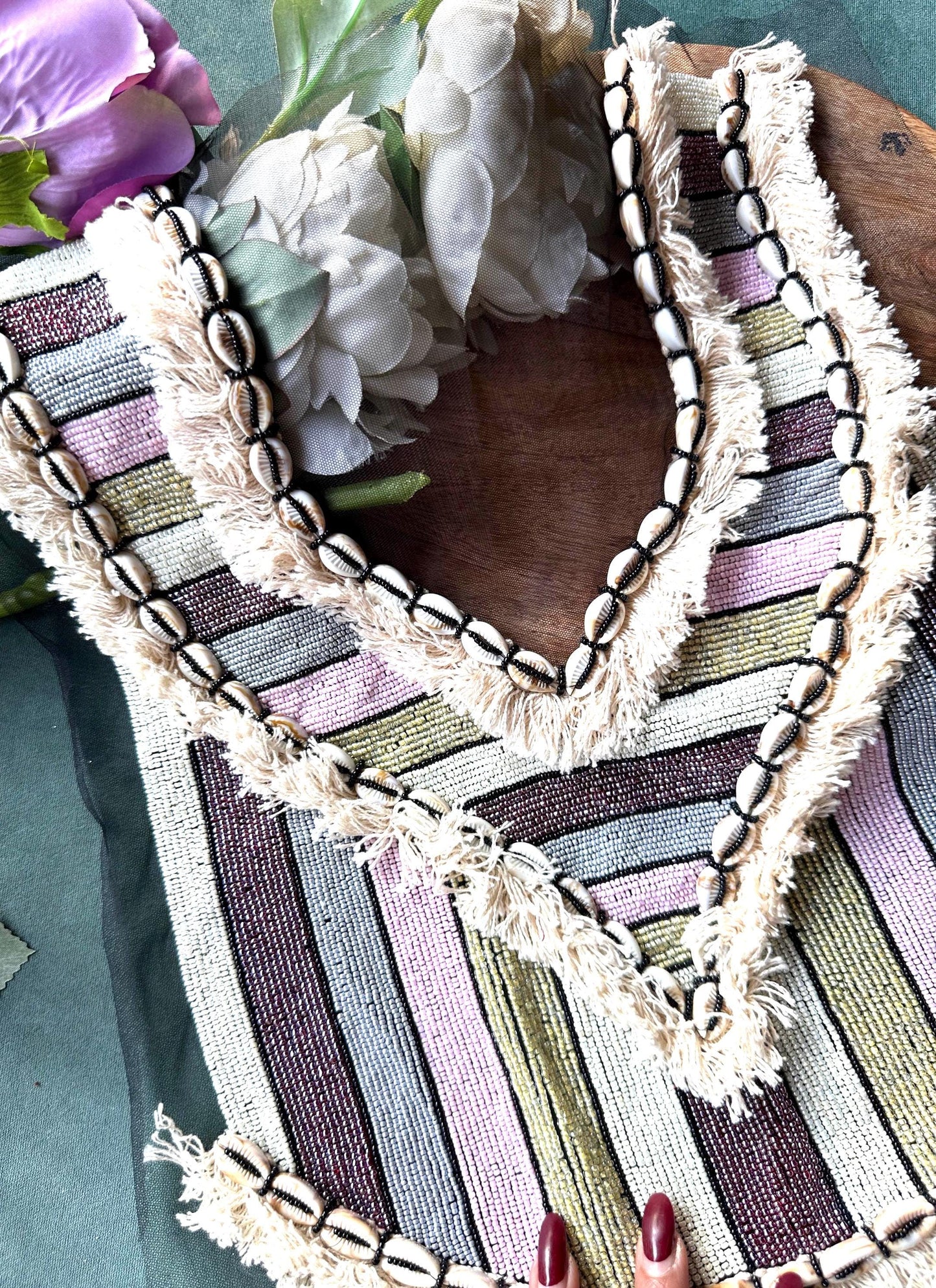 Neckline Patch Sew On Hand Embroidered Beadwork Glass Bead With Shell Lace