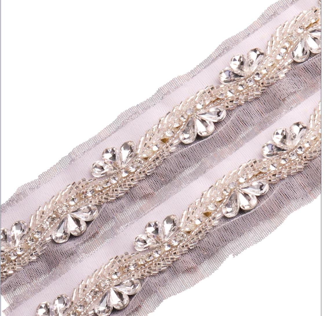 Elegant Silver Rhinestone Crystal Beaded Trim Premium Bridal Decorative applique Lace Fabric Edge