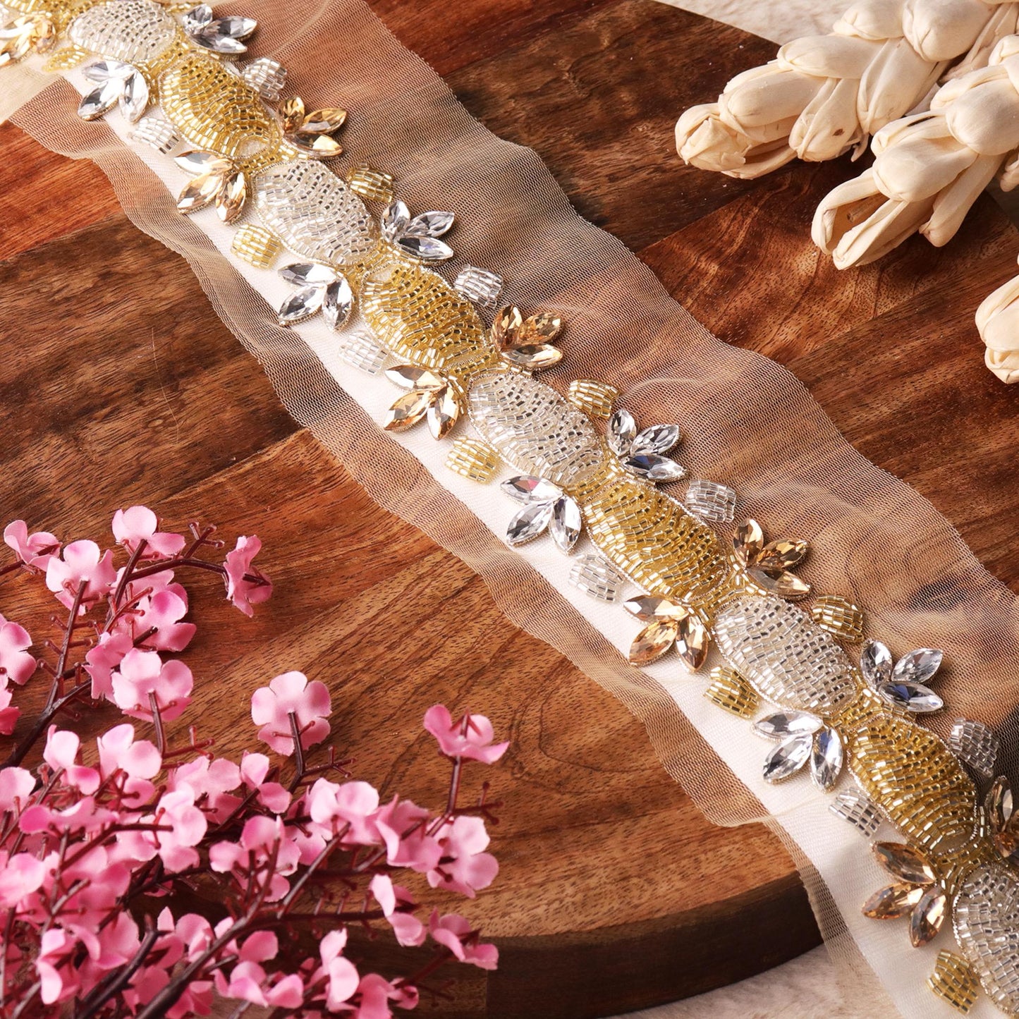 Hand Embroidered Trim Rhinestone Lace Bridal Couture Trim For Wedding Gown Veil