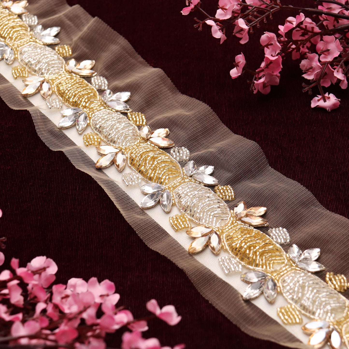 Hand Embroidered Trim Rhinestone Lace Bridal Couture Trim For Wedding Gown Veil