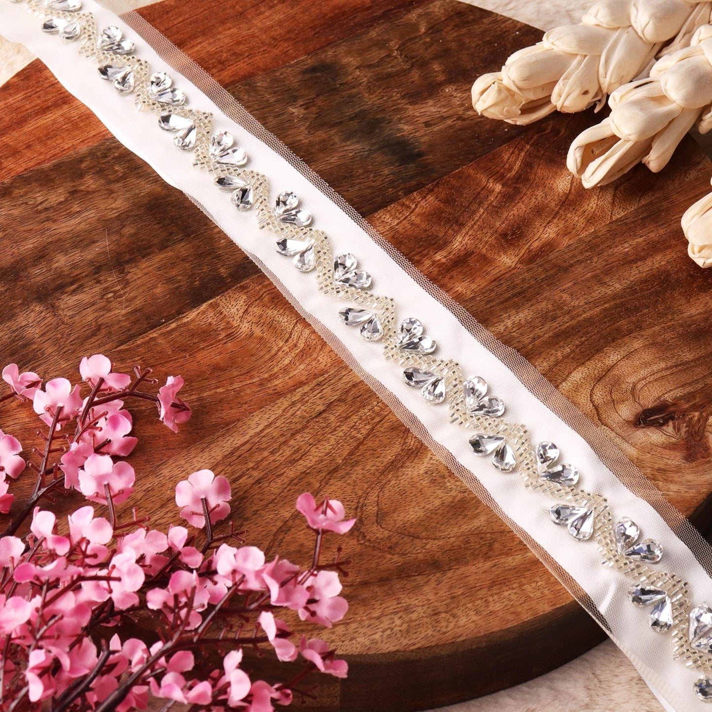 Rhinestone Diamanta Chain Trim Heart Glass Bead Embroidery Lace Wedding Gown
