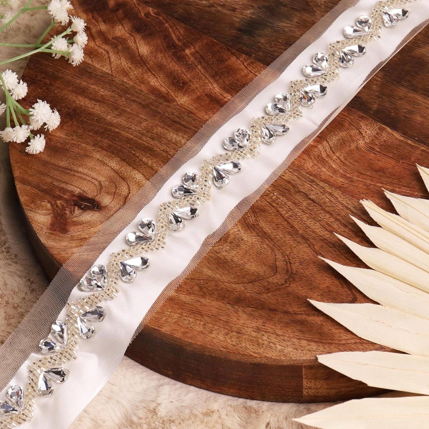 Rhinestone Diamanta Chain Trim Heart Glass Bead Embroidery Lace Wedding Gown