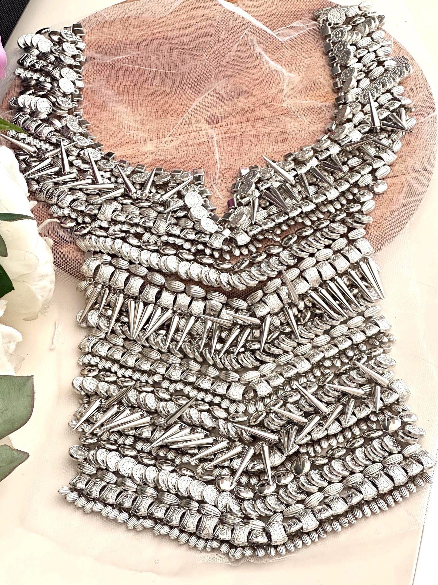 Metal Beaded Costume Neckline Patch Hand Made Collar Design Applique Neckline Trim Beaded Patch